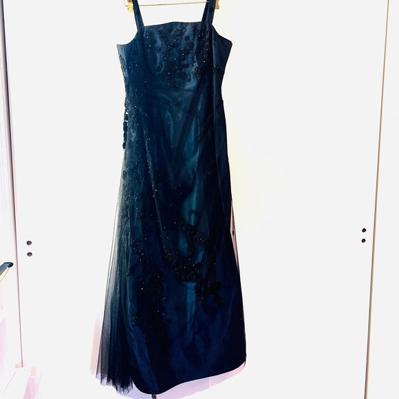 San Carlin Dresses Vintage Navy Embroidered Tulle and Iridescent Satin Maxi Gown - Picture 3 of 15